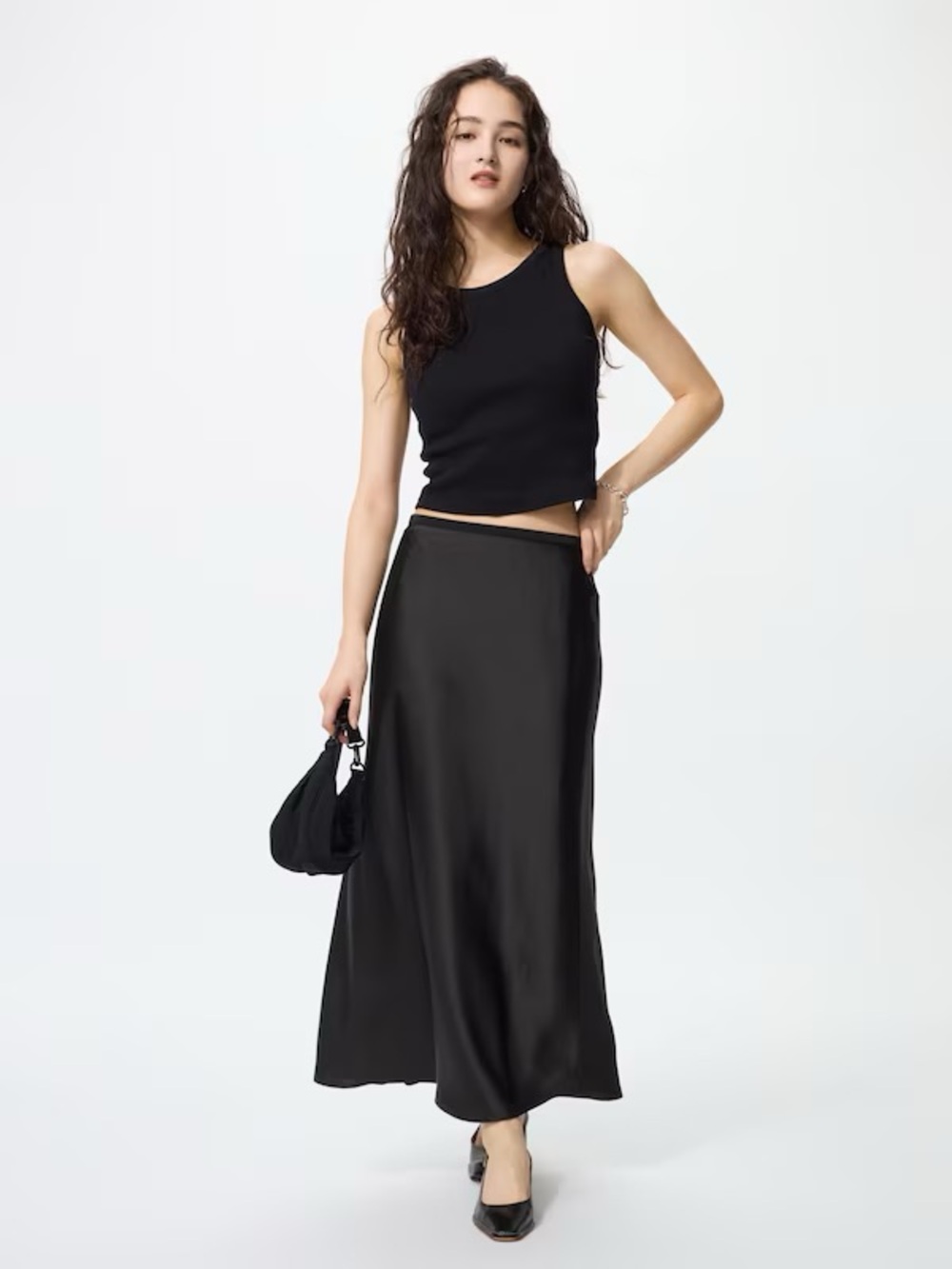Uniqlo Black Maxi Satin Look A-Line Skirt